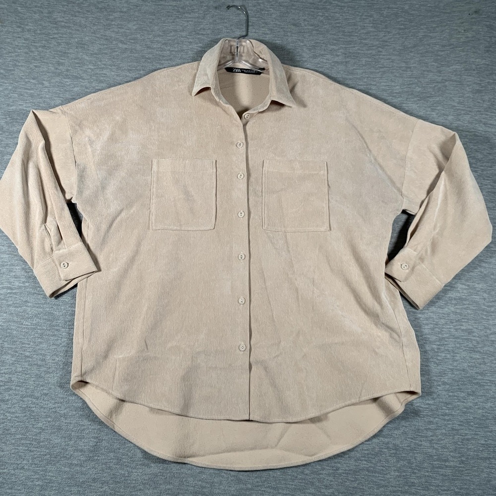 Zara Shirt Womens XS Beige Corduroy Tunic Button Front Long Sleeve Oversized
